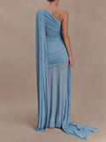 Luxurious Blue Diagonal Collar Sheer Mesh Maxi Dress for Women Off One Shoulder Cape Sleeves Ruched Waist for Dinner Party