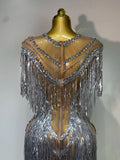 Luxury Sparkly Diamonds Tassels Sexy Mesh See Through Dress Women Evening Birthday Party Nightclub Bar Singer Stage Costumes