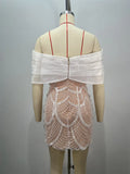 Luxury Beaded Glam Off-the-shoulder One-word Collar Short Dress Socialite Birthday Party Performance Wear Cocktail Formal Gown