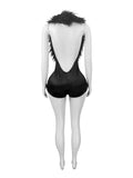 Halter Fur Playsuit Women Sexy Backless Deep V-Neck Summer Hipster Tight Stretch Activity Street Luxury Shorts Romper