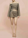 Elegant Folds Women Two Piece Set Slash Neck Long Sleeve Top Mini Skirt for Party Gathering Holiday Wear Fashion