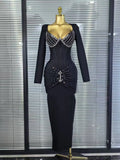 New Women Long Sleeve Square Collar Shinning Diamond Bodycon Long Bandage Dress Elegant Evening Party Celebrate Outfit