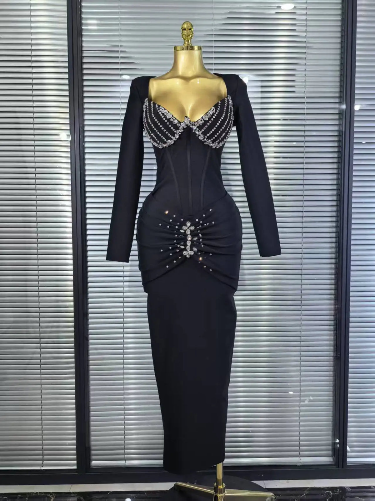 New Women Long Sleeve Square Collar Shinning Diamond Bodycon Long Bandage Dress Elegant Evening Party Celebrate Outfit