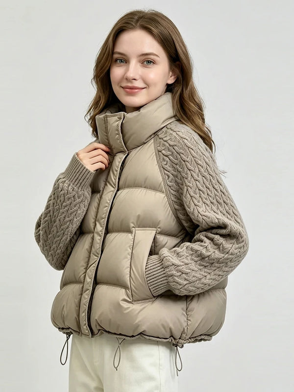 Women Cropped Puffer Jacket Stand Collar Cable Knit Sleeves Patchwork Zip Up Lightweight 2026 Lady Quilted Winter Warm Outerwear
