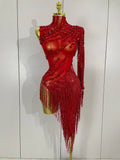 Sparkly Rhinestones Tassel Sexy See-Through Dress Women One Shoulder Latin Dance Outfits Bar Nightclub Party Stage Costume