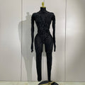 Sexy Festivals Outfit Sparkle Diamonds Sequins Black Spandex Jumpsuit Women Eveing Birthday Party NightClub Bar Stage Costume