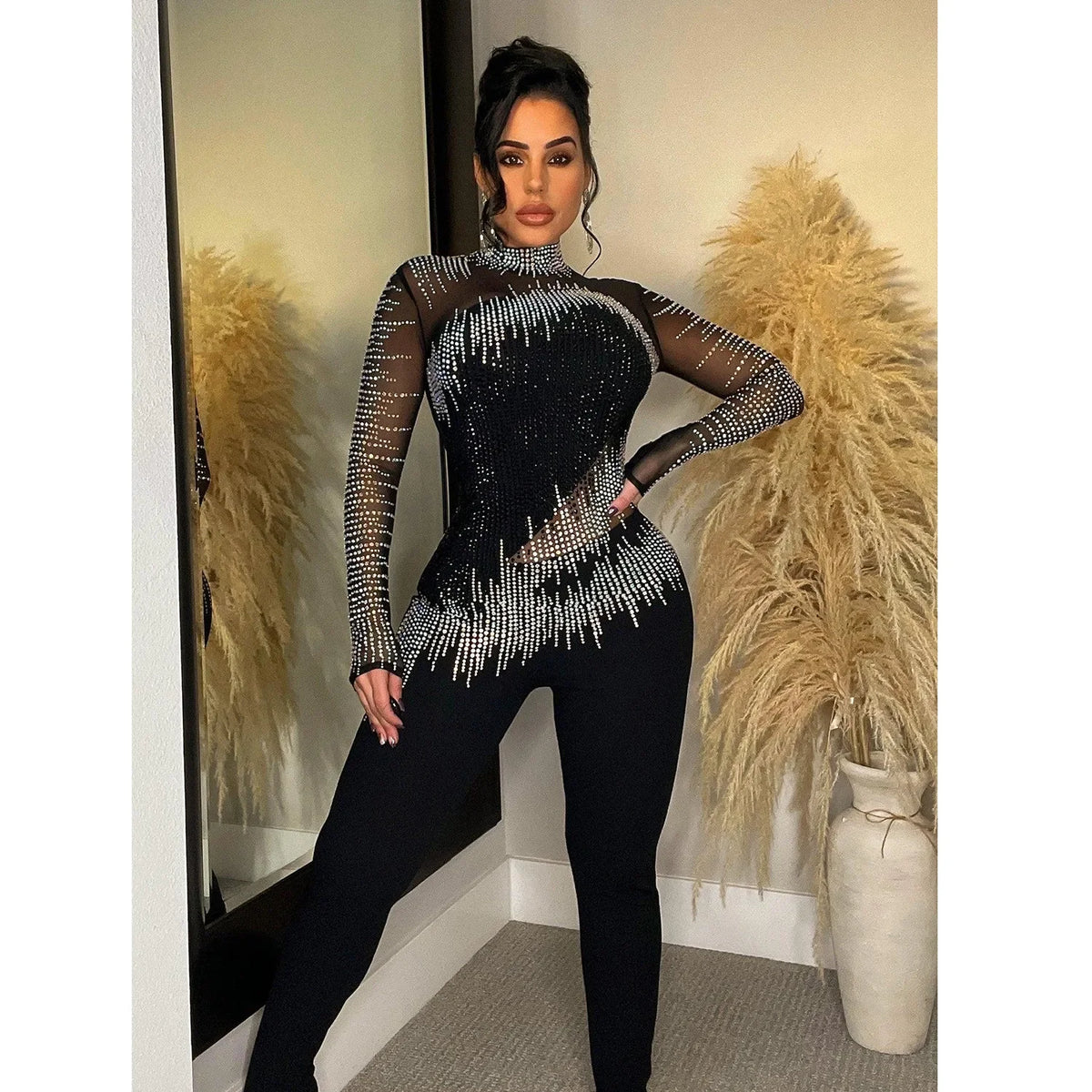 Women Diamonds Hot Rhinestones Mesh See Though Long Sleeve Stretch Jumpsuit Party Evening Playsuit One Piece Set