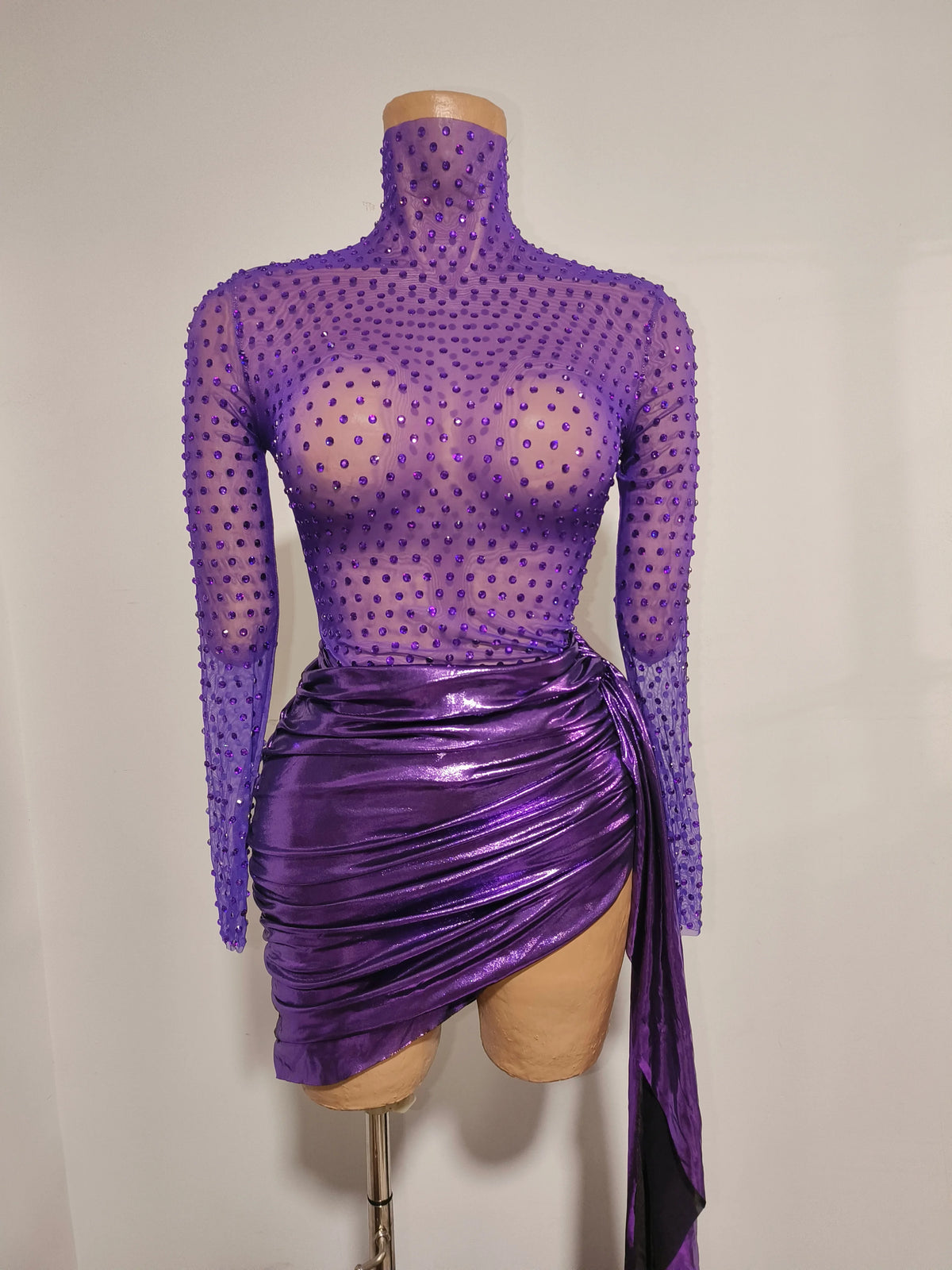 Women Sexy Mesh See Through Long Sleeves Mini Dress Luxury Sparkly Purple Diamond Birthday Evening Party Nightclub Stage Costume