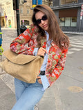Women Floral Jacquard Contrasting Trim Blazer Lapel Collar Waist-cinching Single-breasted Jacket Autumn Lady Chic Coats 2026 New