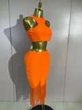 Elegant Celebrity Evening Club Party Prom Luxury Birthday Dress Women Sexy Top Short Tassel Skirt Orange Bandage Two Pices Set