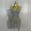 Sexy Sparkly Rhinestone Sleeveless Mesh See Through Mini Dress Luxury Birthday Dress Celebrate Party Club PhotoShoot Stage Wear