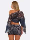 Y2K 2 Piece Set Women Tiger Str Slanted Shoulder Split Sleeve Mesh Crop Tops+Peach Hip Skirts Matching Street Outfits