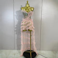 Sexy Strapless Mesh Ruffled Pink Long Dress Sparkly Diamond Birthday Evening Party PhotoShoot SeeThrough Nightclub Stage Costume