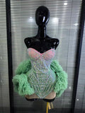 Mint Color Women Sexy Strapless Shining Rhinestones Ball Gown Mini Dress Cute Celebrate Birthday Party Performance Costumes