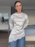 Women Lace Patchwork Satin Top Solid O-neck Back Lace Up Slim Irregular T-shirts Pullover Female Spring Daily Casual Outwear