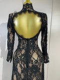 Women Long Sleeve Evening Party Club Bar Birthday Celebrity Gowns Sexy White Lace High Neck Hollow Out Design Bodycon Long Dress