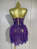 Sexy Purple Mesh See Through Purple Long Sleeves Mini Dress Luxury  Diamonds Birthday Evening Party Bar Nightclub Stage Costume