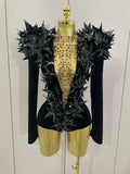 New Shiny Black Rhinestone Velvet Long Sleeve Bodysuit Women Evening Party Club Gala Hosts NightClub Bar Stage Costumes