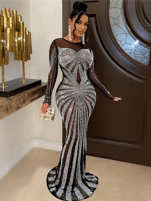 Dress Shiny Diamond O-neck Long Sleeve Elegant Maxi Dress Sexy Sheer Party Dress Vestidos