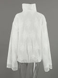 Minimalist Lace Women Jackets Stand Collar Long Sleeve Drawstring Loose Jacket for Street Daily Wear Autumn Fashion