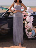Glam Rhinestone Fringe 2 Piece Set for Women Sweetheart Neck Crop Cami Top High Waist Floor Length Skirt for Evening Party