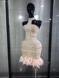 Khaki Women Sexy Halter Off the Shoulder Shining Beading Rhinestones Bodycon Mini Bandage Dress Feathers Elegant Evening W
