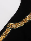 Black Velvet Holiday Celebrations Maxi Gown for Women O Neck Gold Trim Slim Jewel Accent High Slit Dresses for Luxury Dinner