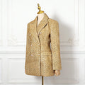 Chic Luxurious Tweed Blazer for Wommen Noched Collar Long Sleeve Patcfhwork Double Breasted Elegant Formal Coat Female New