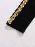 Black Velvet Holiday Celebrations Maxi Gown for Women O Neck Gold Trim Slim Jewel Accent High Slit Dresses for Luxury Dinner