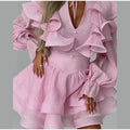 Ruffle Women Dress V Neck Waist Tie Dress Puff Sleeve Mini Dresses Tiered Layered Skirt Daily Dating Outfit With Layered Hem