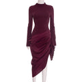 Chic Burgundy Long Sleeve Midi Dress for Women High Neck Slim Ruched Asymmetrical Skirt for Business Social Events