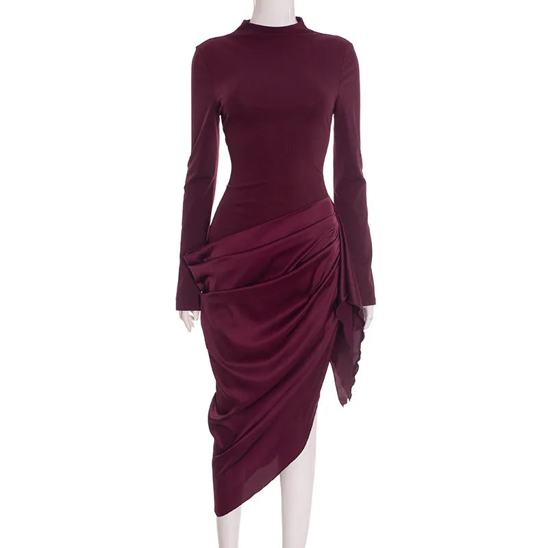 Chic Burgundy Long Sleeve Midi Dress for Women High Neck Slim Ruched Asymmetrical Skirt for Business Social Events