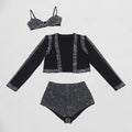 Sexy Dance Set Black Rhinestone Bikini Jacket Women Glitter Costume Nightclub Club Party Show Outfit  3 Piece Sets Outfits