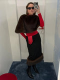 Elegant Fur Shawl Skirt Women's Suit Fashionable Solid Loose Shawl Fitted Fur-Lined Midi Skirt Set Autumn Winter Female