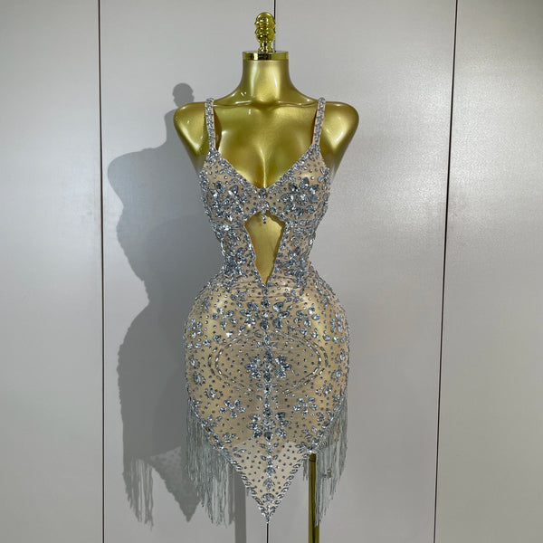 Women Evening Party Luxury Birthday Dress Photo Shoot  Stage Outfit  Sparkly Diamonds Tassel Mesh Transparent Bodycon Mini Dress