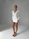 Sexy Women Deep V Puff Long Sleeve Satin Dress Solid Waist-cinching Design Ruched Slim Fit Dresses Elegant Party Lady Gowns 2026