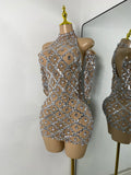 Luxury Women Sexy Sparkly Sequins Halter with Sleeves Mesh Mini Bodycon Nightclub Birthday Dress Party Performance Costume
