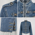 Cropped Denim Jacket Women Stand Collar Bell Sleeves Double Breasted Splicing Retro Fashion Biker-Style Coat Autumn 2026