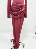 Elegant Style Pencil Dresses for Women O Neck Shoulder Pud Long Sleeve High Waist Pleated Slim Maxi Dress Female