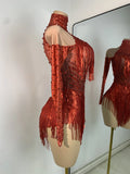 Red Rhinestones Skinny Bodysuit Women Sexy Long Sleeve Tassel Performance Singer Dance Costume Nightclub Celebrate Stage Wear