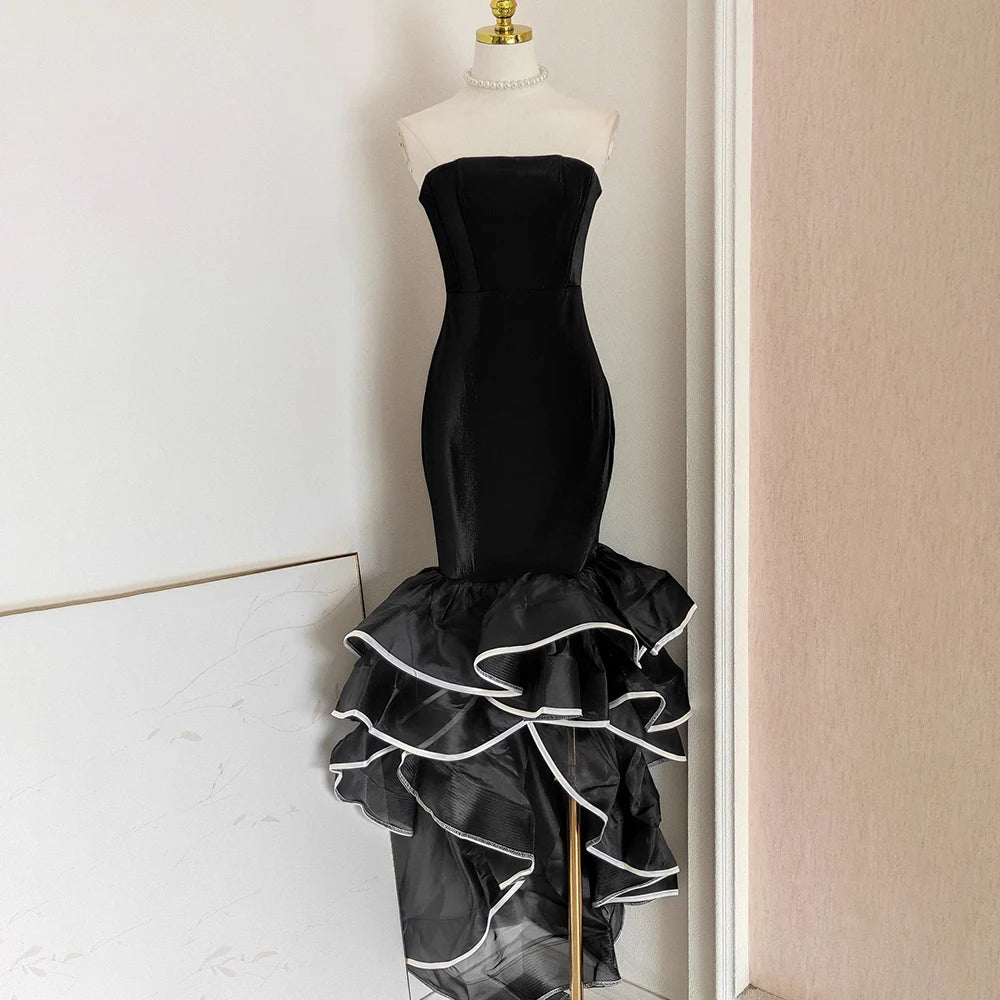 Vintage Luxurous Fishtail Dress for Women Strapless Sleeveless Spliced Irregular Ruffles Hem Sexy Chic Dresses Female Autumn
