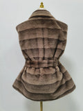 Street Vintage Spliced Lace Up Slimming Waistcoat for Women Stand Collar Sleeveless Fur Tank Top Female Winter Fashion Style