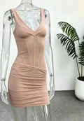 Sexy Solid Fishbone V-neck Dress Women Elegant Solid Sleeveless Pleated Slim Waist-cinching Mini Dresses 2026 Summer Party Gown