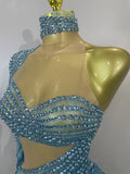 Sparkly Diamond Blue Rhinestone Mesh One Shoulder Tassel Dress Sexy Eveing Party Bar Nightclub Stage Costume Latin Dance Outfits