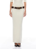 Fashion Solid Ribbed Knit Pencil Skirt Women Autumn Low Waistline Design Belt Elegant Slim Fit Long Skirt Streetwear
