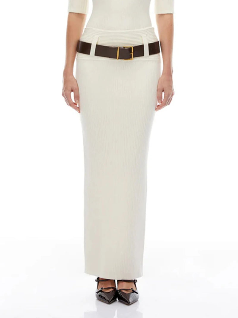 Fashion Solid Ribbed Knit Pencil Skirt Women Autumn Low Waistline Design Belt Elegant Slim Fit Long Skirt Streetwear