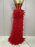 Sparkly Rhinestones Feathers Long Tail Bodysuits Sexy Mesh Transparent Stage Dress Evening Party Celebrate Luxury Birthday Dress