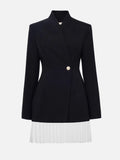 Tunic Pleated Hem Mini Dresses for Women Notched Collar Long Sleeve Spliced Button Temperament Blazer Dress Female