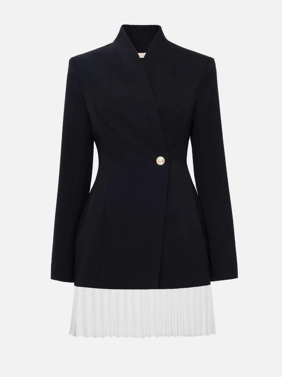 Tunic Pleated Hem Mini Dresses for Women Notched Collar Long Sleeve Spliced Button Temperament Blazer Dress Female