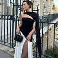 Irregular Slit Vacation Long Dress For Women Elegant Contrast Slim Ribbon Dress Back Lace Up Female Strapless Summer New